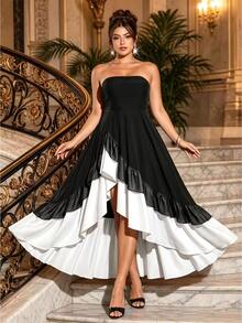 Cravure Plus Size Women's Fashion Vacation Asymmetrical Split Contrast Color Ruffle Strapless Dress - Black - View 4