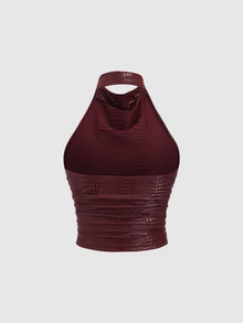 Sweetra New European & American Style Sexy Backless Halter Neck Sleeveless Pleated Fitted Casual Crop Top, Suitable For High Street, Y2K, Party, Date - Burgundy - View 2