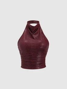 Sweetra New European & American Style Sexy Backless Halter Neck Sleeveless Pleated Fitted Casual Crop Top, Suitable For High Street, Y2K, Party, Date - Burgundy - View 1