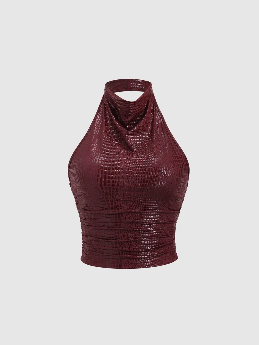 Sweetra New European & American Style Sexy Backless Halter Neck Sleeveless Pleated Fitted Casual Crop Top, Suitable For High Street, Y2K, Party, Date - Burgundy - View 1