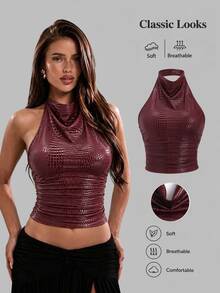 Sweetra New European & American Style Sexy Backless Halter Neck Sleeveless Pleated Fitted Casual Crop Top, Suitable For High Street, Y2K, Party, Date - Burgundy - View 4