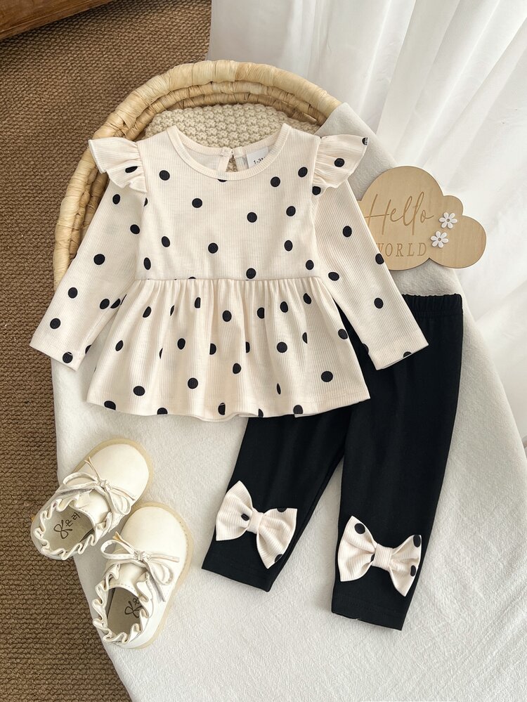 SHEIN Newborn Spring/Autumn Brown Heart Print Top With Bow Knot Decor Pure Black Long Pants  2-Piece Set Suitable For Outings, Sports, Christmas Parties - Multicolor - View 3