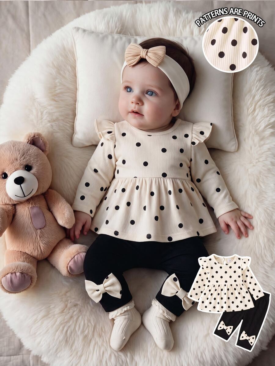 SHEIN Newborn Spring/Autumn Brown Heart Print Top With Bow Knot Decor Pure Black Long Pants  2-Piece Set Suitable For Outings, Sports, Christmas Parties