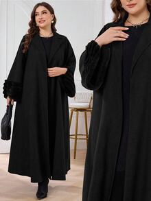 Al Najma Plus Size Plush Patchwork Loose Women Abaya Robe, Elegant Open Abaya, For Casual Daily - Black - View 3