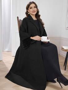Al Najma Plus Size Plush Patchwork Loose Women Abaya Robe, Elegant Open Abaya, For Casual Daily - Black - View 5