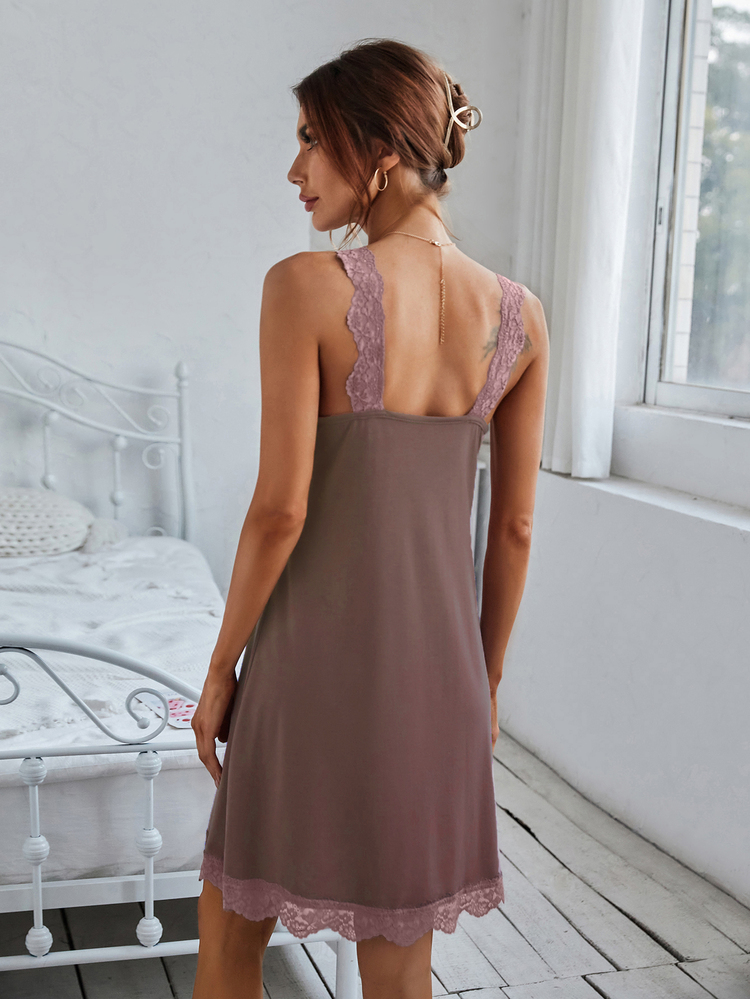 SHEIN Lace Trim Solid Sleep Dress Pajama Dress - Dusty Pink - View 2