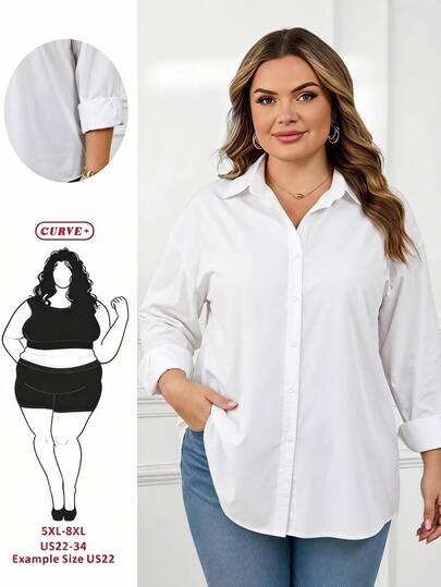 SHEIN CURVE+ Plus Size Autumn Winter Loose White Basic Long-Sleeved Button-Down Shirt Blouse Tops Old, 2026 22W