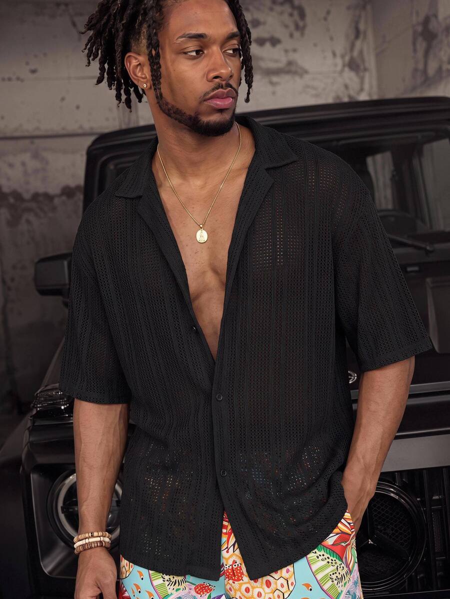 GETOML Men's Black Vacation Shirt, Short Sleeves & Button Front. Relaxed Fit, Blend. Fringe Hem For Beach Vibes. Your Summer . - Black - View 1