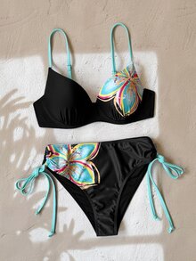 SHEIN Swim Women's Summer Beach Vacation Floral Print Fashion Bikini Set, Padded Cup (Floral Pattern Random) Black Tropical - Multicolor - View 6