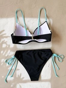 SHEIN Swim Women's Summer Beach Vacation Floral Print Fashion Bikini Set, Padded Cup (Floral Pattern Random) Black Tropical - Multicolor - View 2