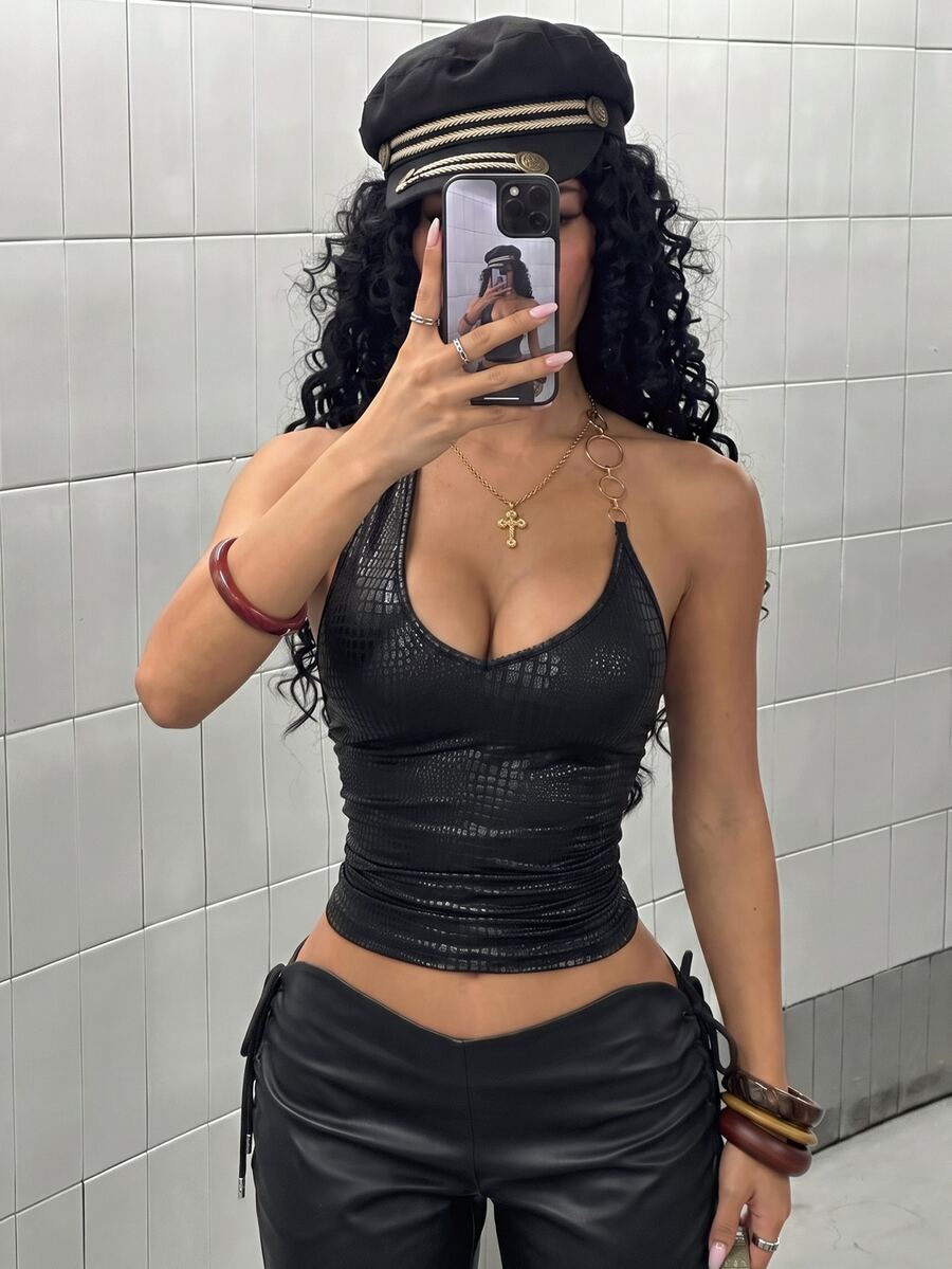StreetHx Women's Summer Black Textured PU Coated Fabric Metal Chain Decor V-Neck Halter Backless Fitted Tank Top Retro Goth Sexy Night Club Halloween - Black - View 1