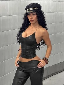 StreetHx Women's Summer Black Textured PU Coated Fabric Metal Chain Decor V-Neck Halter Backless Fitted Tank Top Retro Goth Sexy Night Club Halloween - Black - View 6