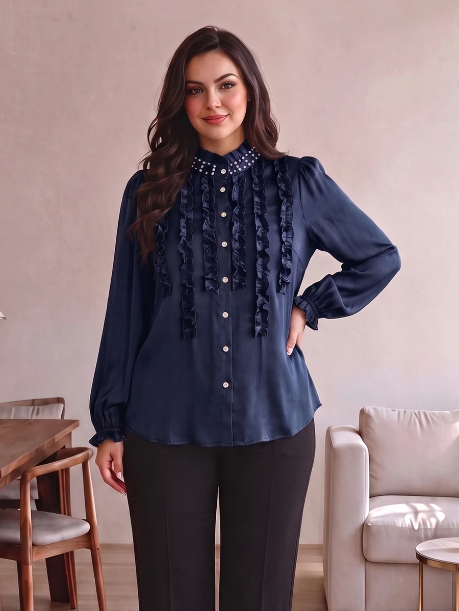 Modelyn Elegant Solid Color Frill Trim Stand Collar Long Sleeve Fitted Plus Size Blouse, Spring/Autumn Fall