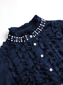 Modelyn Elegant Solid Color Frill Trim Stand Collar Long Sleeve Fitted Plus Size Blouse, Spring/Autumn Fall - Navy Blue - View 5