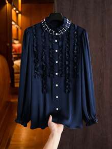 Modelyn Elegant Solid Color Frill Trim Stand Collar Long Sleeve Fitted Plus Size Blouse, Spring/Autumn Fall - Navy Blue - View 6