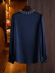 Modelyn Elegant Solid Color Frill Trim Stand Collar Long Sleeve Fitted Plus Size Blouse, Spring/Autumn Fall - Navy Blue - View 3