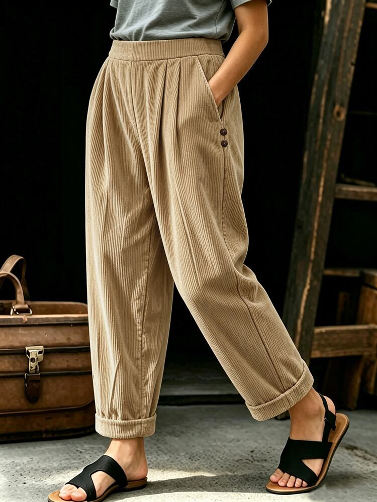 Holdful Holdful Autumn/Winter Casual Vintage Khaki Textured Fabric Button Decor Straight Leg Loose Fit Women's Long Pants - Multicolor - View 3