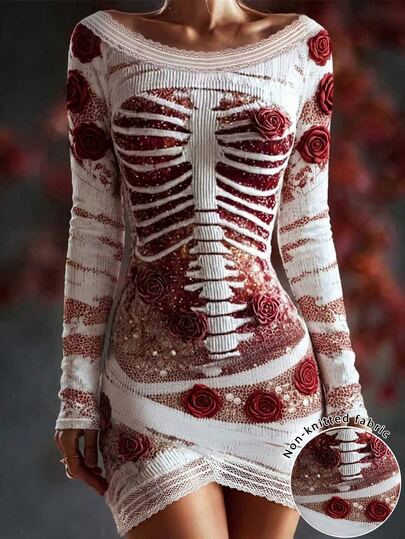 Selamara 2026 New Halloween Rose Skeleton Print Dress For Women, Dark Style Sequin Lace Patchwork Off-Shoulder Long Sleeve Mini Dress, Sexy Vintage Rose Decor Bodycon Bodycon Party Dress, Suitable For Theme Parties, Stage Performances, Bar And Nightclub Outfits, Unique Day Of The Dead Atmosphere Slimming Short Dress, Autumn/Winter Women's Clothing