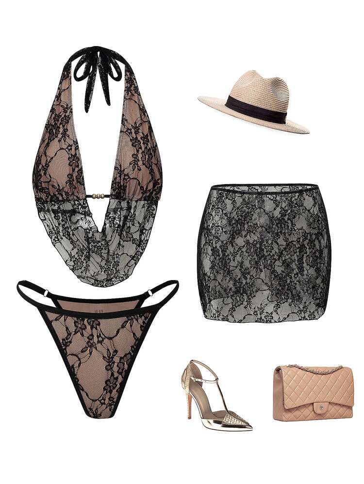 SHEIN Swim Women's Black Summer Sensual Beach Party Holiday Holiday Lace Beaded Halter Backless Bikini Top,Ruched Bottoms Lace Skirt 3-Piece Swimwear Set Sexy - Black - View 4
