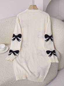 Vestido de punto mini elegante y casual para adolescentes, estilo Y2K dulce de vuelta a la escuela, color negro y blanco, con lazo jacquard, cuello redondo y manga larga, otoño - Blanco - Ver 2