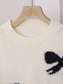 Vestido de punto mini elegante y casual para adolescentes, estilo Y2K dulce de vuelta a la escuela, color negro y blanco, con lazo jacquard, cuello redondo y manga larga, otoño - Blanco - Ver 3