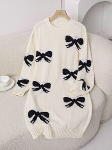 Vestido de punto mini elegante y casual para adolescentes, estilo Y2K dulce de vuelta a la escuela, color negro y blanco, con lazo jacquard, cuello redondo y manga larga, otoño - Blanco - Ver 1