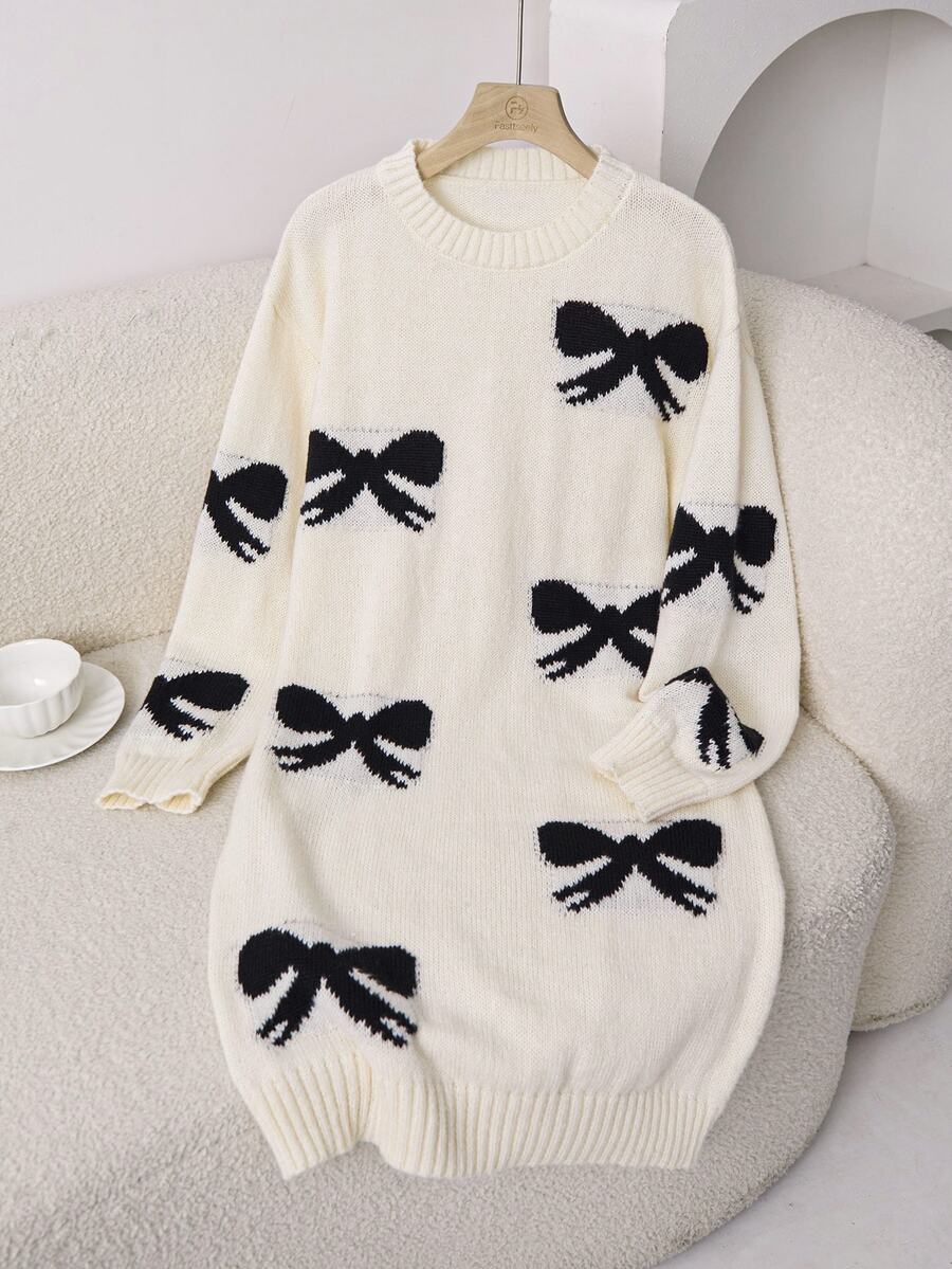 Vestido de punto mini elegante y casual para adolescentes, estilo Y2K dulce de vuelta a la escuela, color negro y blanco, con lazo jacquard, cuello redondo y manga larga, otoño - Blanco - Ver 1