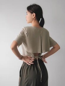 Dazy-Less Women's Drawstring Lace-Up Hollow Out Short Sleeve T-Shirt Old Money Style Summer School - Apricot - View 4
