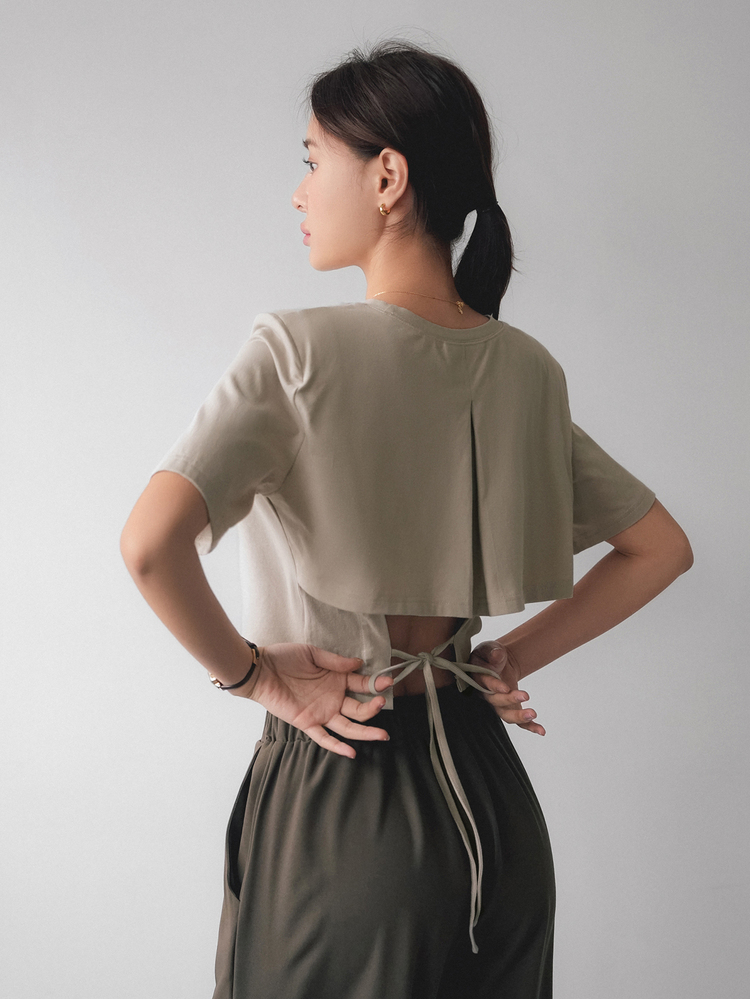 Dazy-Less Women's Drawstring Lace-Up Hollow Out Short Sleeve T-Shirt Old Money Style Summer School - Apricot - View 4