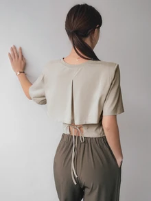 Dazy-Less Women's Drawstring Lace-Up Hollow Out Short Sleeve T-Shirt Old Money Style Summer School - Apricot - View 5