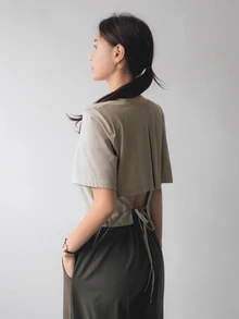 Dazy-Less Women's Drawstring Lace-Up Hollow Out Short Sleeve T-Shirt Old Money Style Summer School - Apricot - View 1