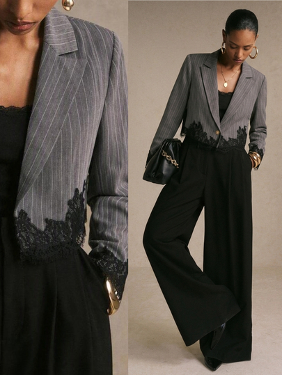 Poéselle Sacou scurt pentru femei, gri, cu dungi fine, dantelă și patchwork, elegant, pentru birou și afaceri, stil casual chic pentru navetă, haine de toamnă pentru femei