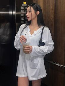 DAZY Solid Color Loose Fit Button Front Half Placket Drop Shoulder Long Sleeve T-Shirt,Fall Clothes - White - View 5