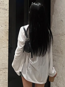 DAZY Solid Color Loose Fit Button Front Half Placket Drop Shoulder Long Sleeve T-Shirt,Fall Clothes - White - View 2