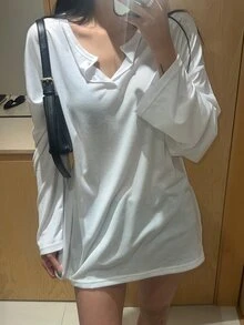 DAZY Solid Color Loose Fit Button Front Half Placket Drop Shoulder Long Sleeve T-Shirt,Fall Clothes - White - View 6