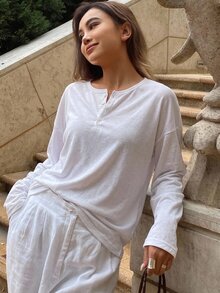 DAZY Solid Color Loose Fit Button Front Half Placket Drop Shoulder Long Sleeve T-Shirt,Fall Clothes - White - View 9