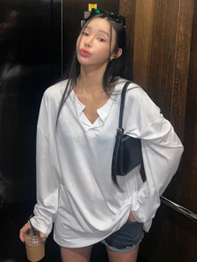 DAZY Solid Color Loose Fit Button Front Half Placket Drop Shoulder Long Sleeve T-Shirt,Fall Clothes - White - View 1
