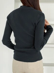 DAZY Solid Stand Collar Rib Knit Jumper - Dark Grey - View 4
