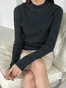 DAZY Solid Stand Collar Rib Knit Jumper - Dark Grey - View 3