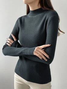 DAZY Solid Stand Collar Rib Knit Jumper - Dark Grey - View 5