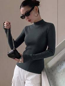 DAZY Solid Stand Collar Rib Knit Jumper - Dark Grey - View 6
