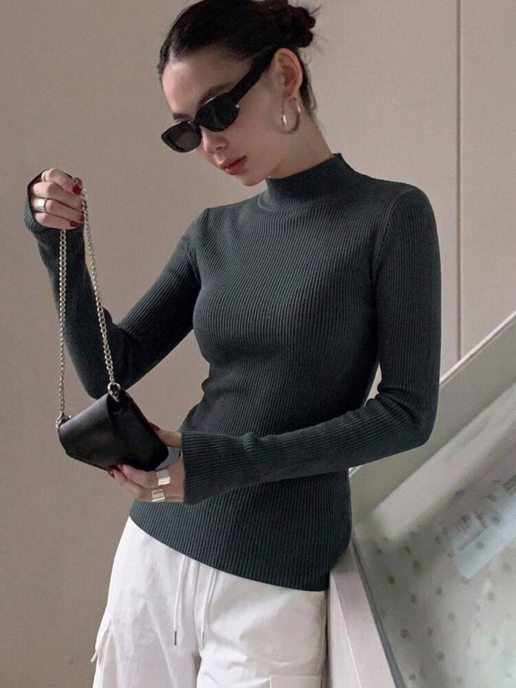DAZY Solid Stand Collar Rib Knit Jumper - Dark Grey - View 6