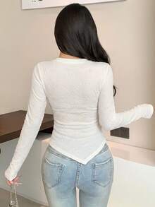DAZY Asymmetric Design Fitted Long Sleeve Women T-Shirt - White - View 2