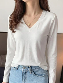 DAZY Women's Round Neck Solid Color Basic White Short Sleeve T-Shirt, Spring/Summer Long Sleeve - White - View 8