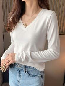 DAZY Women's Round Neck Solid Color Basic White Short Sleeve T-Shirt, Spring/Summer Long Sleeve - White - View 2