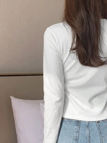 DAZY Women's Round Neck Solid Color Basic White Short Sleeve T-Shirt, Spring/Summer Long Sleeve - White - View 6