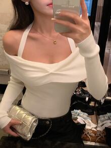 DAZY Women's Off Shoulder Ruffle Trim Long Sleeve Fitted Pullover Sweater, Elegant Lady Style Fall - White - View 1