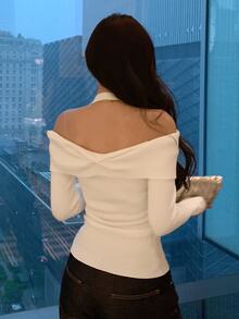DAZY Women's Off Shoulder Ruffle Trim Long Sleeve Fitted Pullover Sweater, Elegant Lady Style Fall - White - View 3