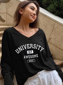 DAZY Women Spring/Summer Loose-Fit V-Neck Drop-Shoulder Long Sleeve T-Shirt With Slogan Print,Graphic Tees - Black - View 7