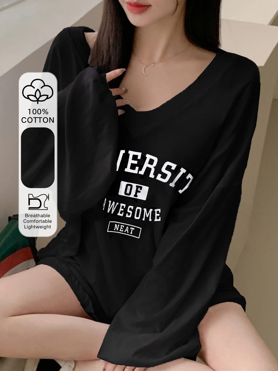 DAZY Women Spring/Summer Loose-Fit V-Neck Drop-Shoulder Long Sleeve T-Shirt With Slogan Print,Graphic Tees - Black - View 1